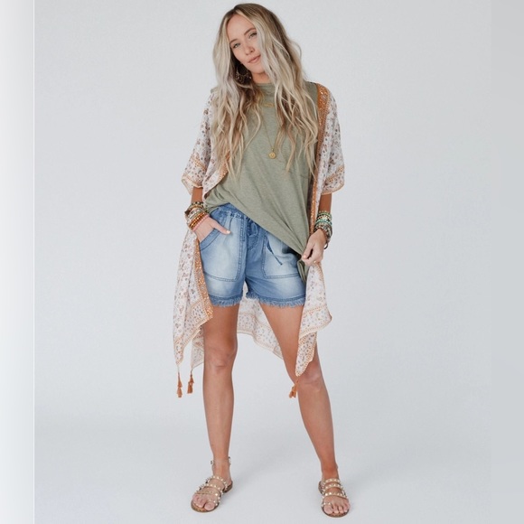 Camel Ditsy Floral Paisley Kimono Open Wrap Coverup Top One Size - Picture 3 of 5